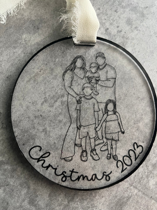 Family Merry Christmas Line Portrait Ornament