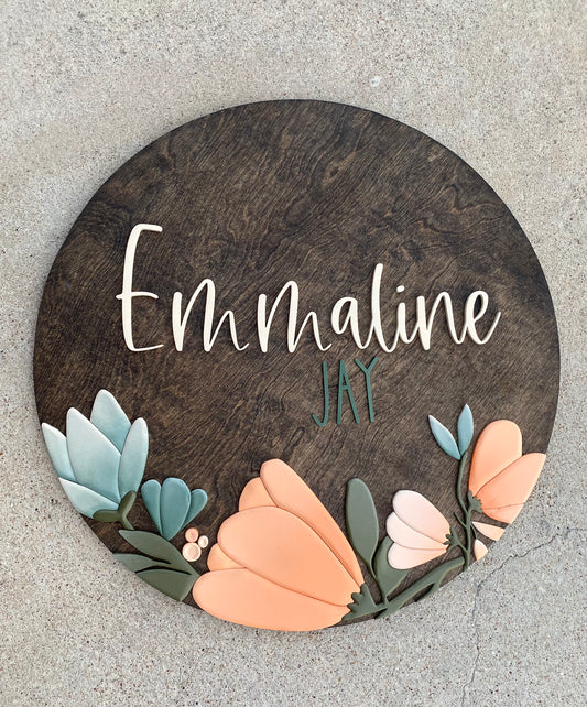 Boho Coral/Mint Ivy Floral Nursery Sign - Wood Sign